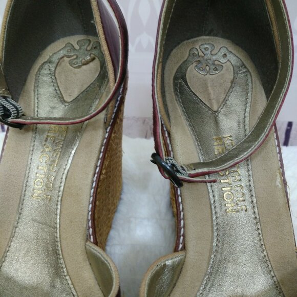 Y2K Kenneth Cole Reaction Wedge Heel Sandals Ankle Strap US Size 8.5 Red Leather - Picture 6 of 12